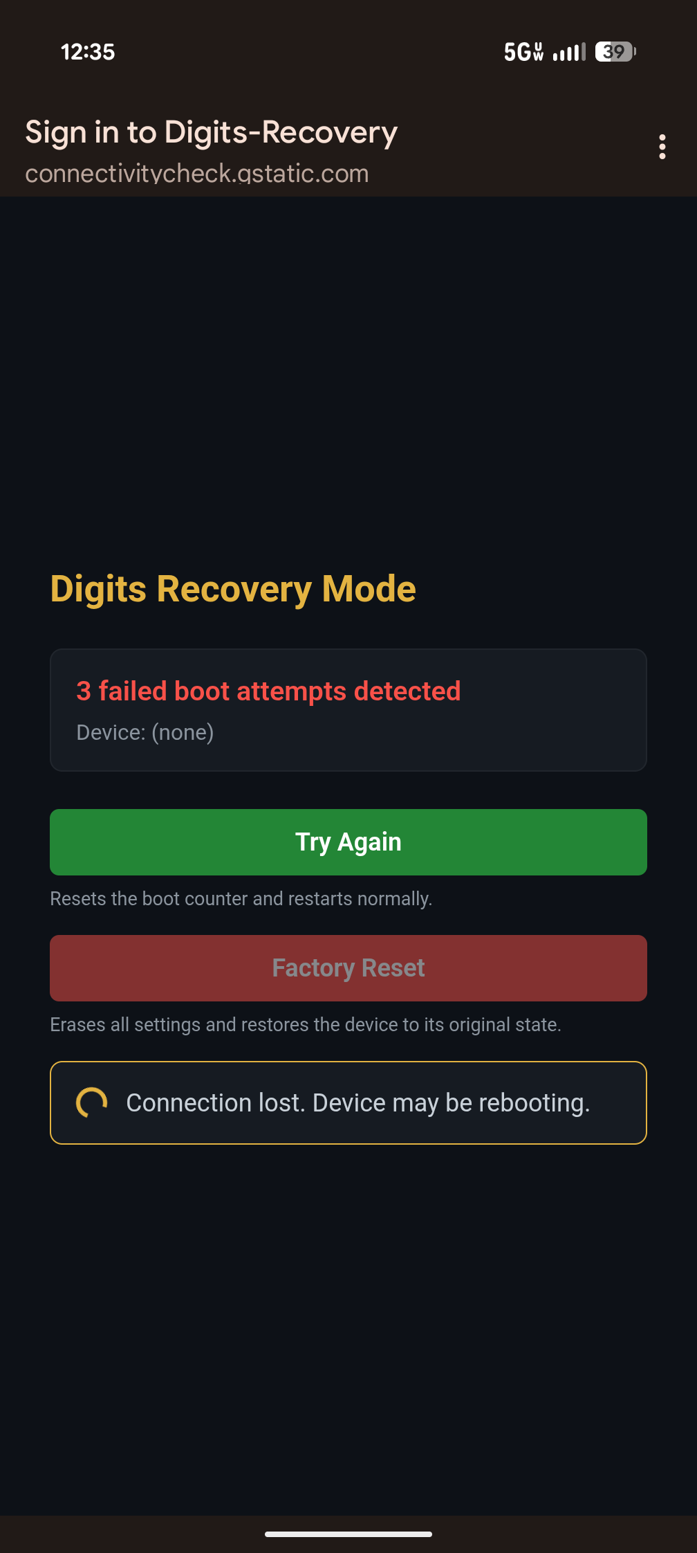 The recovery captive portal running on a phone connected to the Digits-Recovery WiFi network